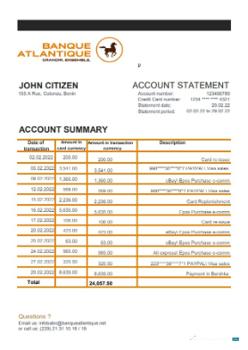 Download Benin Banque Atlantique bank statement excel Photoshop template